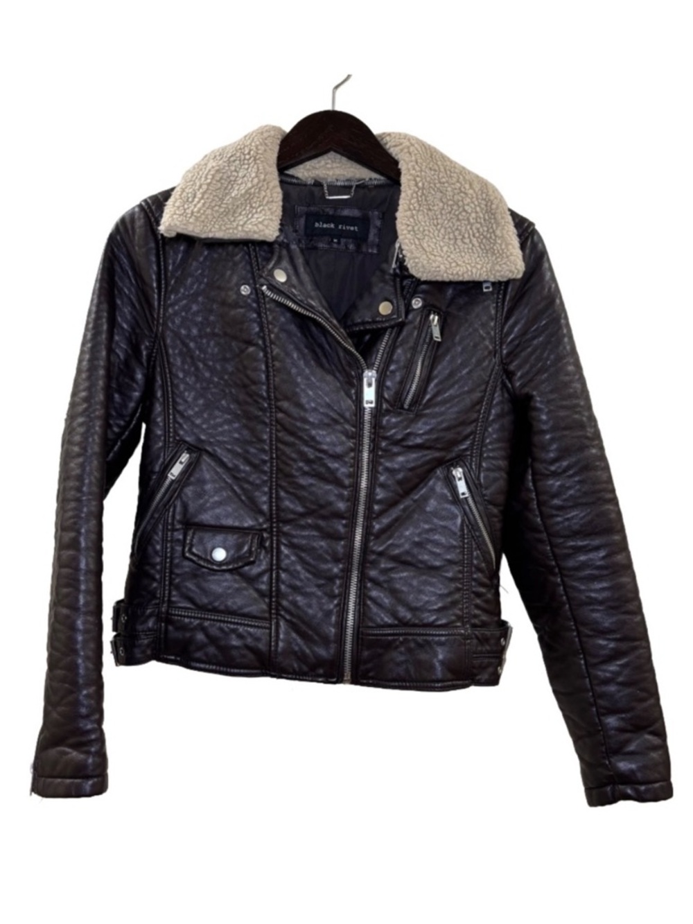 Black Rivet Faux Leather Jacket with Faux Shearling Collar Brown Size Medium